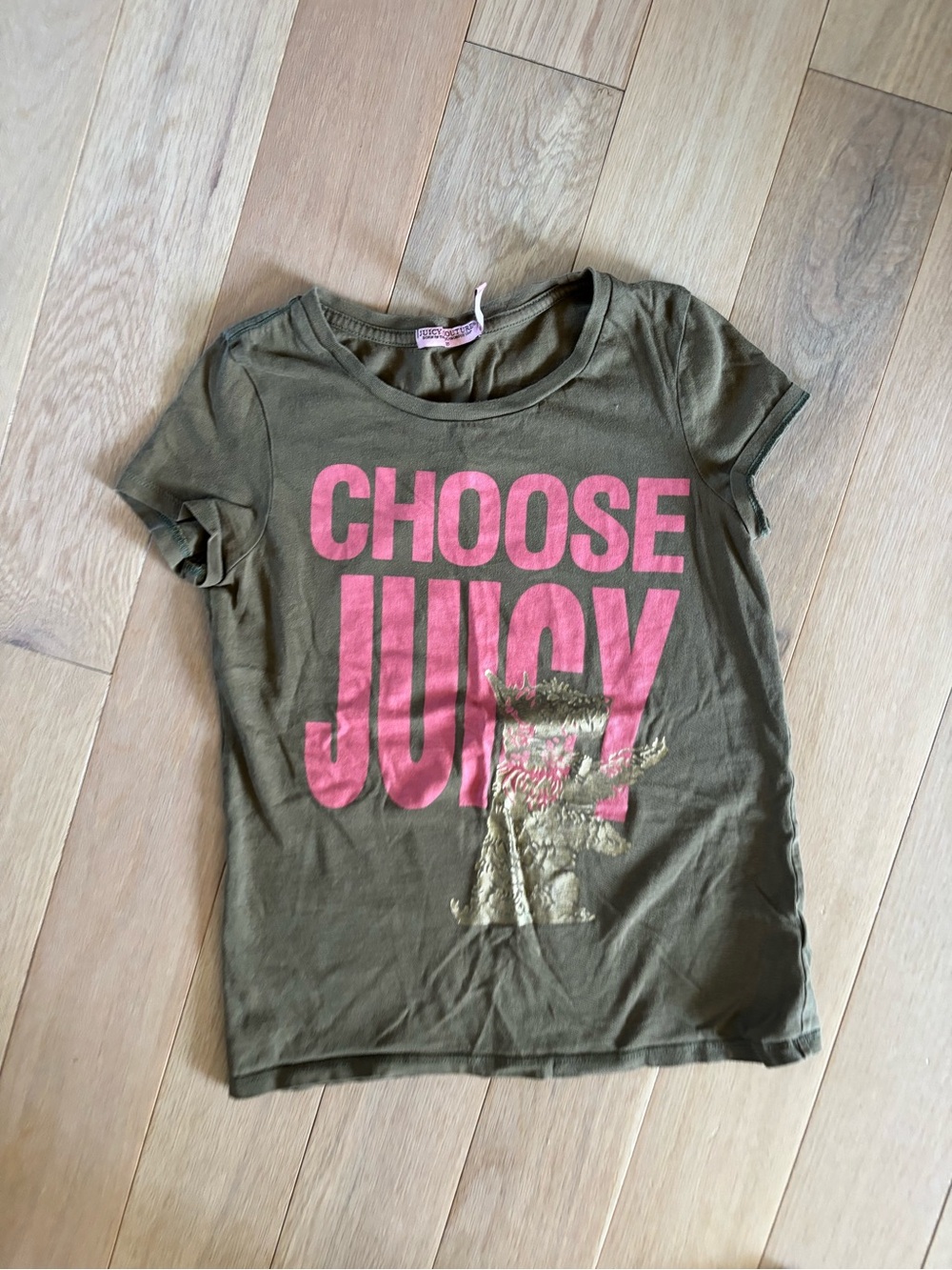 Juicy Couture Olive Green Tee with Pink 'CHOOSE JUICY' Graphic